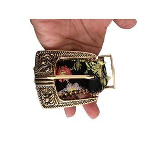 Embroidered Floral Western Belt Gold Engraved Buckle Boho Wildflower Black